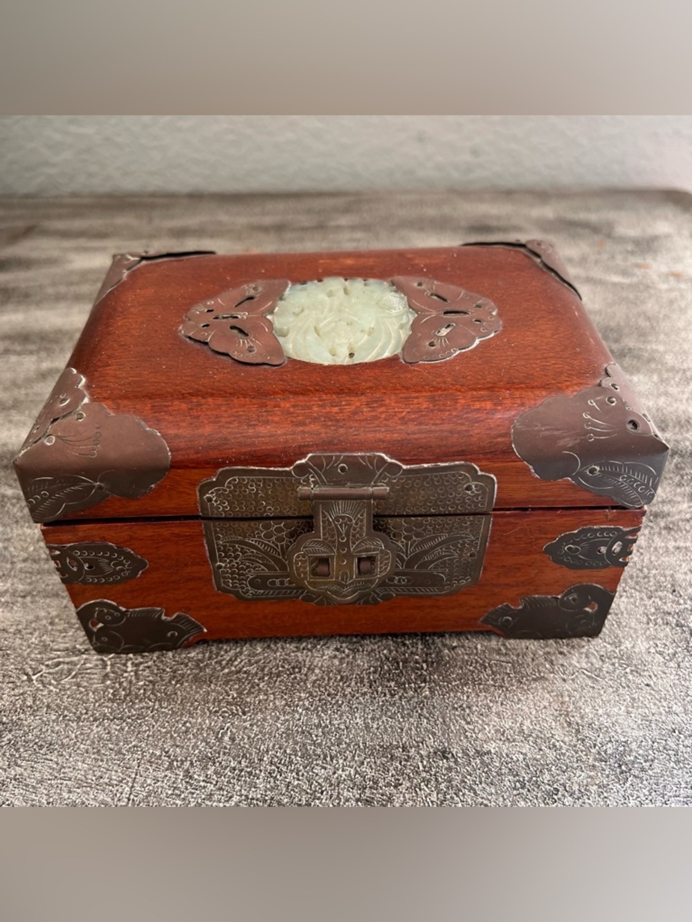 Vintage Chinese Rosewood Trinket Box Jade Inlay Brass Moth Butterfly Brass